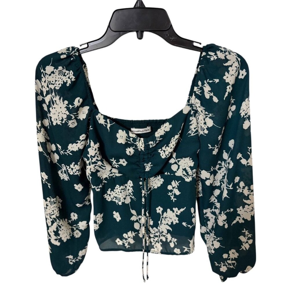 Abercrombie & Fitch Floral Long Sleeve Ruched Crop Top Teal Green Women’s Small
